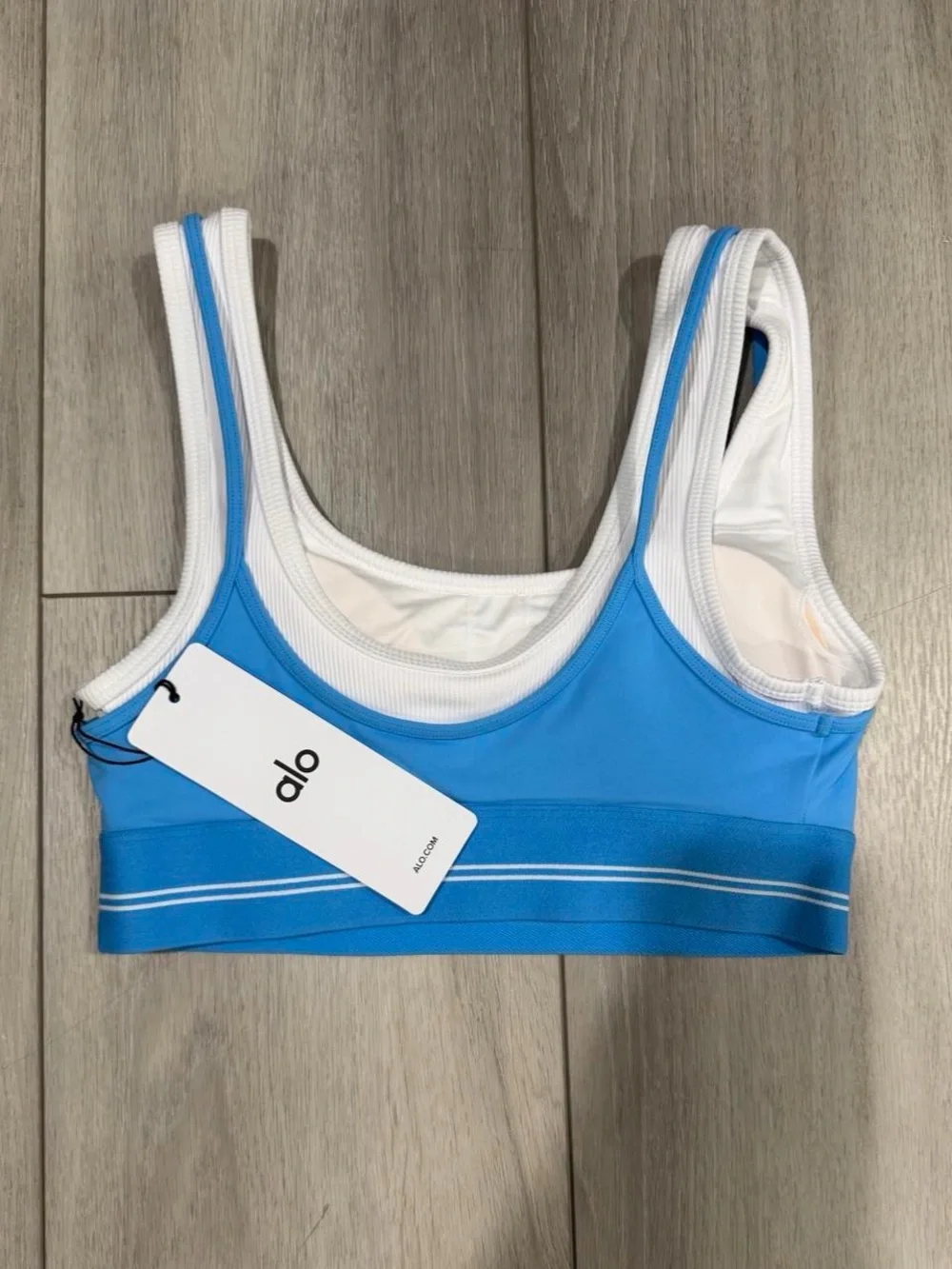 ALO Yoga Women’s Airbrush Better Together Bra in Azure Blue with White Trim